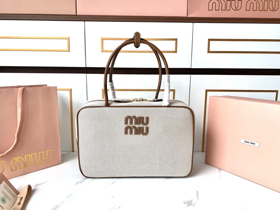 Miu New Canvas Briefcase with Grained Calfskin Trim, Large Size