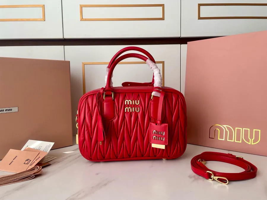 Arcadie Matelasse Leather Bucket Bag Red