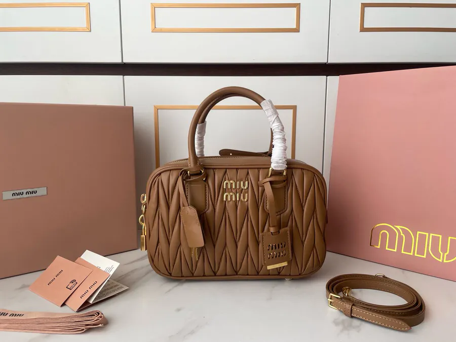 Arcadie Matelasse Leather Bucket Bag with Adjustable Strap Caramel
