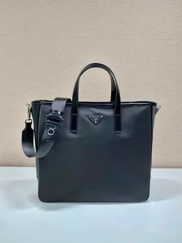 Re Nylon Tote Bag with Grained Calfskin Handles