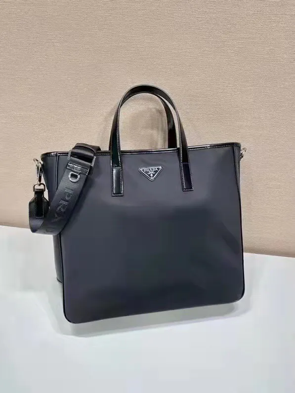 Re Nylon Tote Bag with Grained Calfskin Handles