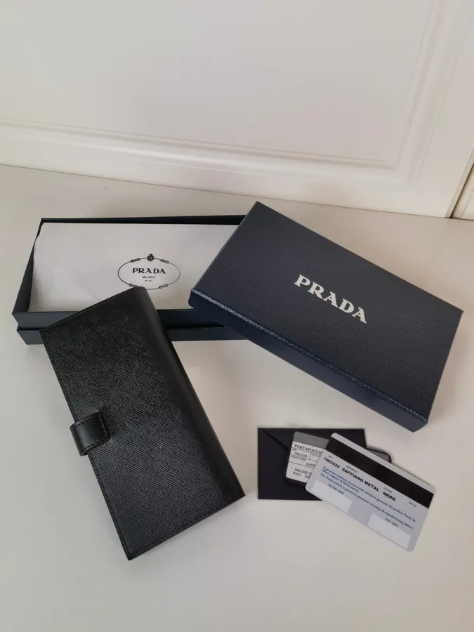 P Brand Premium Tri Logo Wallet in Saffiano Crosshatch and Grained Calfskin