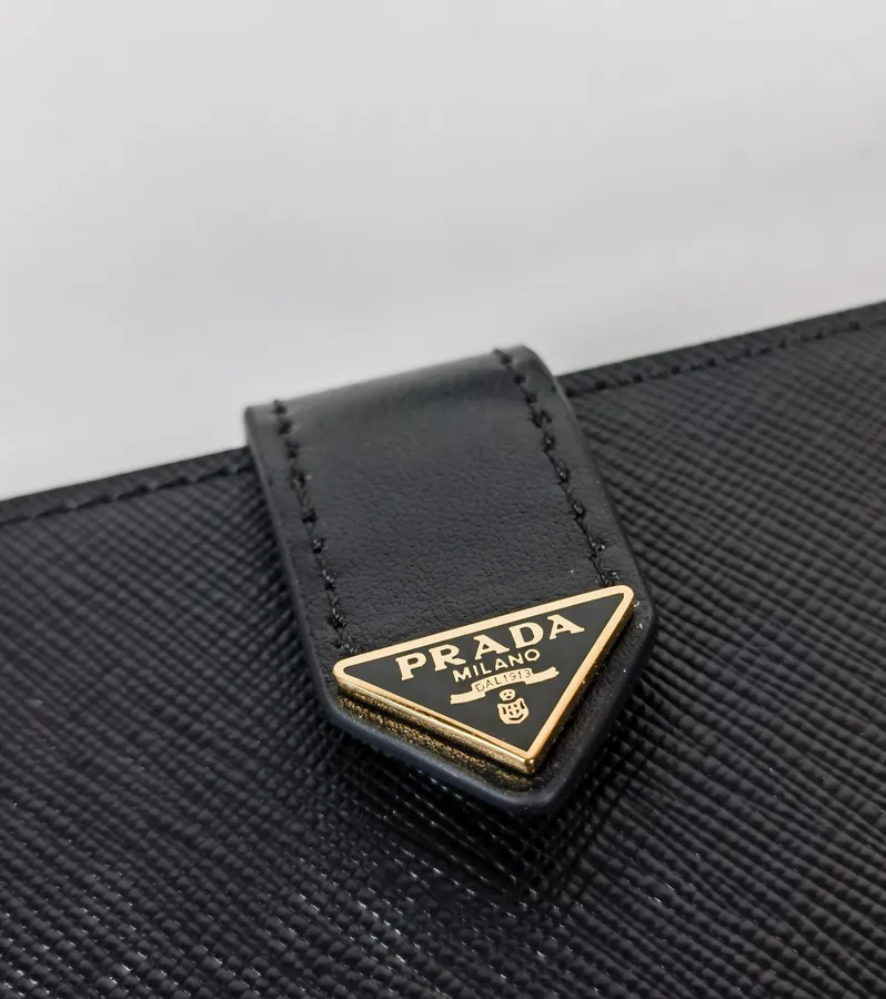 P Brand Premium Tri Logo Wallet in Saffiano Crosshatch and Grained Calfskin