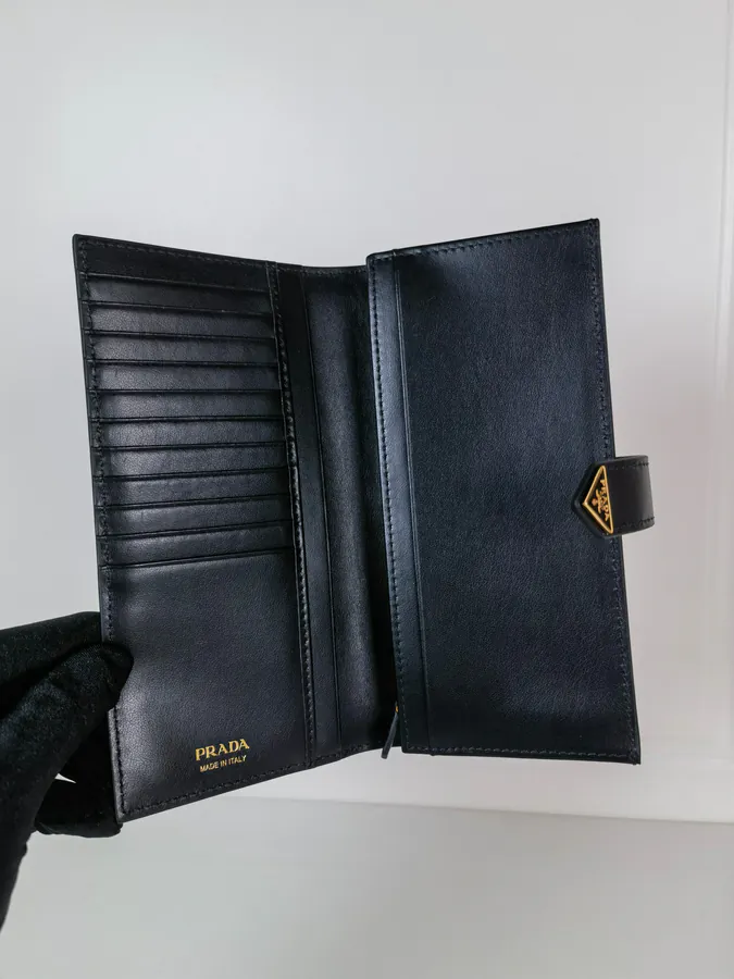 P Brand Premium Tri Logo Wallet in Saffiano Crosshatch and Grained Calfskin