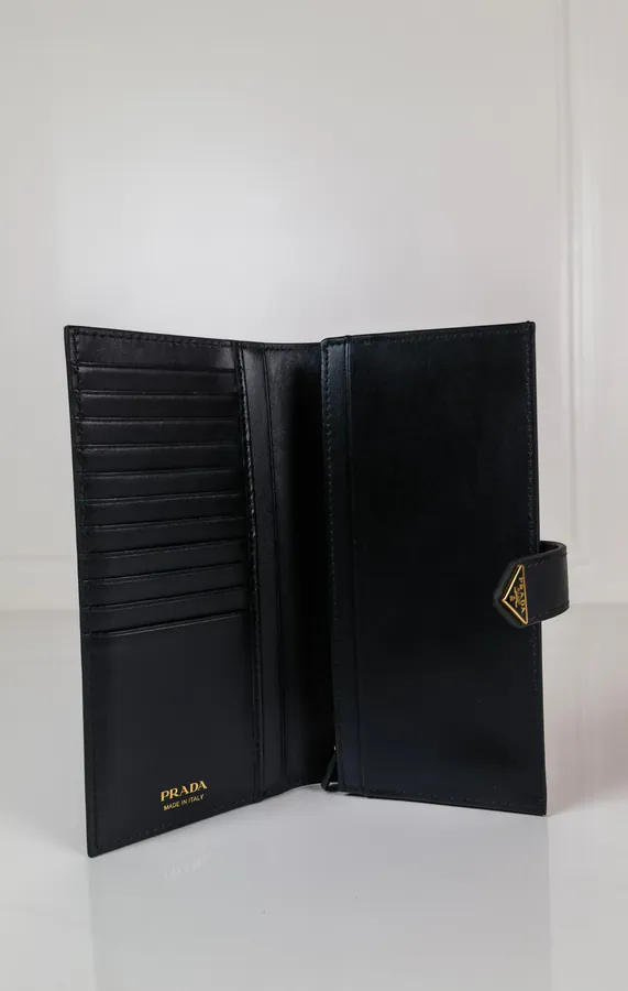 P Brand Premium Tri Logo Wallet in Saffiano Crosshatch and Grained Calfskin