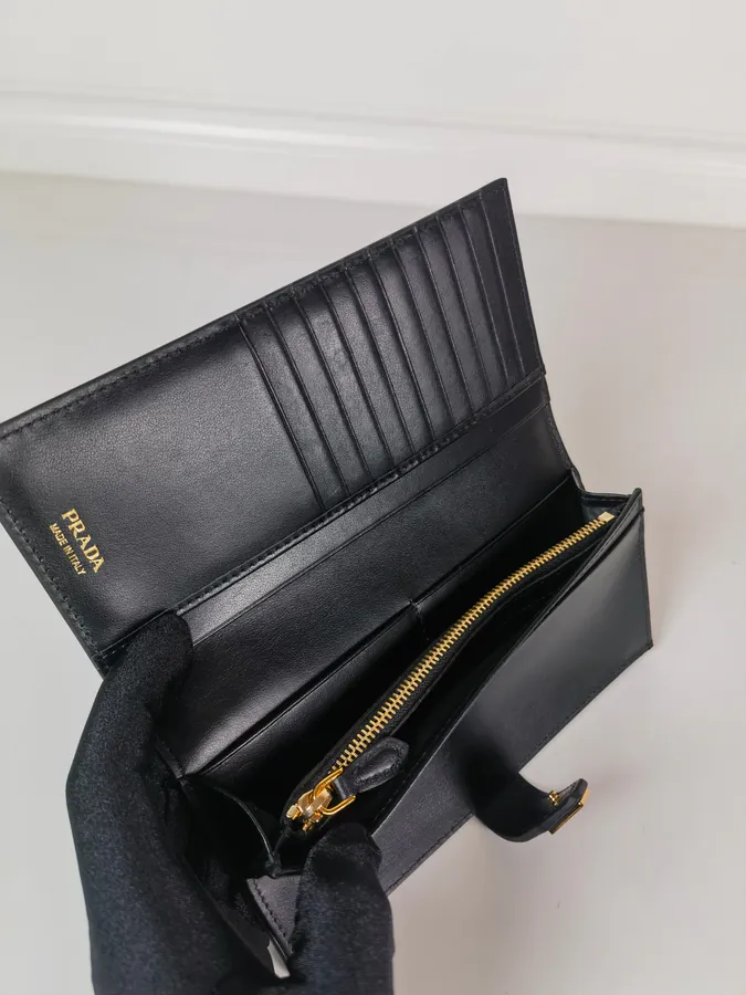 P Brand Premium Tri Logo Wallet in Saffiano Crosshatch and Grained Calfskin