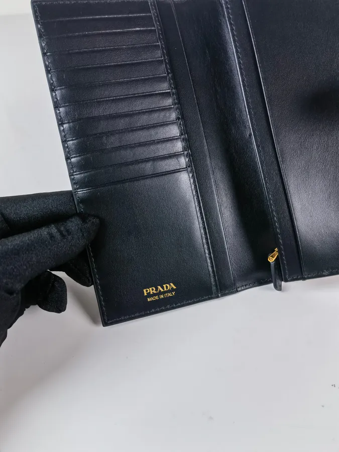 P Brand Premium Tri Logo Wallet in Saffiano Crosshatch and Grained Calfskin