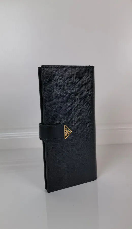 P Brand Premium Tri Logo Wallet in Saffiano Crosshatch and Grained Calfskin