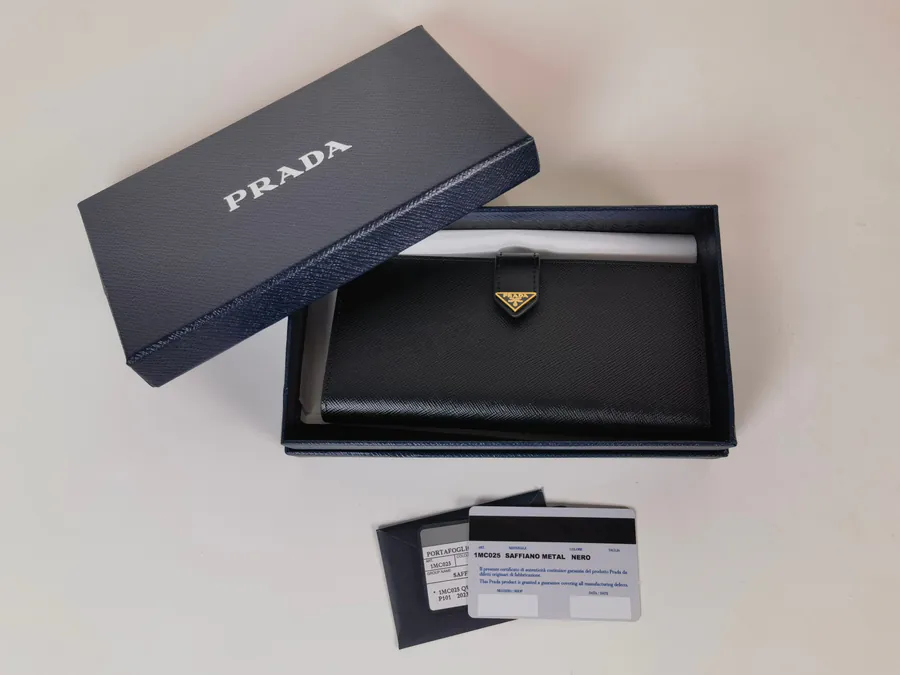 P Brand Premium Tri Logo Wallet in Saffiano Crosshatch and Grained Calfskin