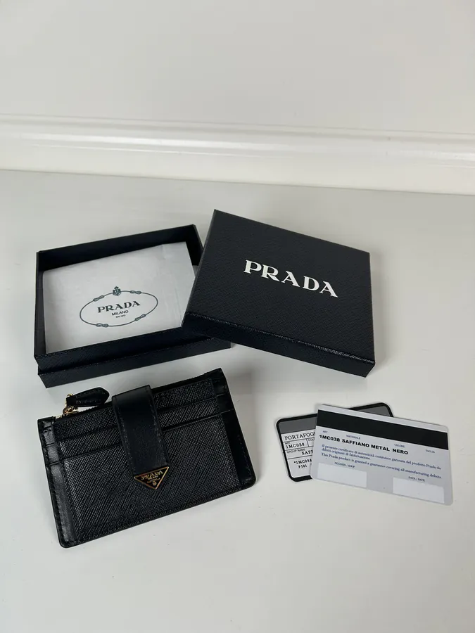 P House New Triangular Logo Card Case, Saffiano Cross Grain Leather & Premium Calfskin, 7.5x12cm