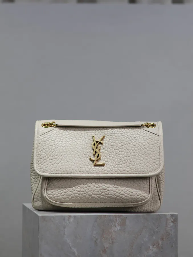 Niki Bucket Bag in White Grained Calfskin with Gold Hardware