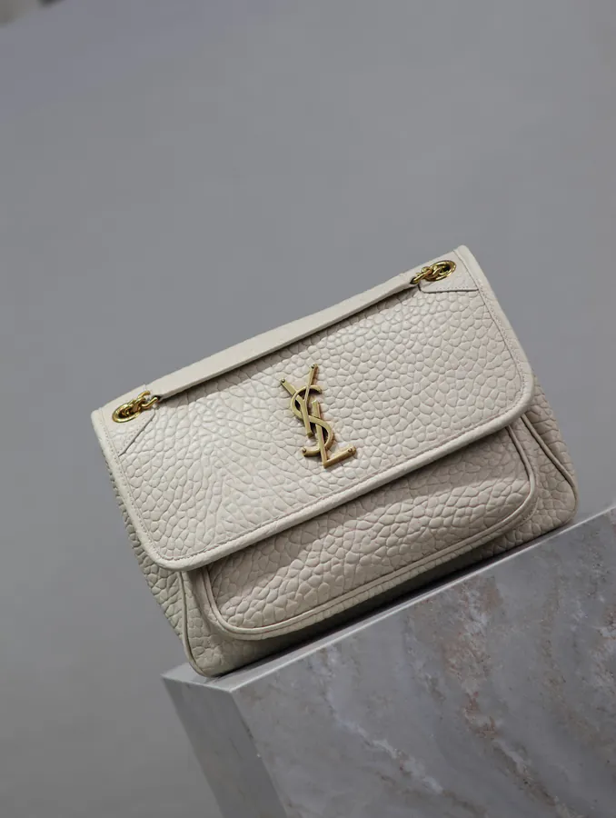 Niki Bucket Bag in White Grained Calfskin with Gold Hardware