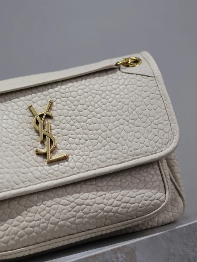 Niki Bucket Bag in White Grained Calfskin with Gold Hardware