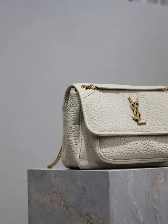 Niki Bucket Bag in White Grained Calfskin with Gold Hardware