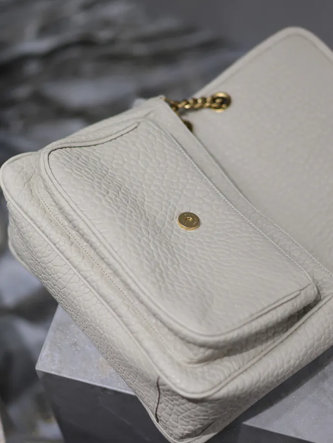 Niki Bucket Bag in White Grained Calfskin with Gold Hardware