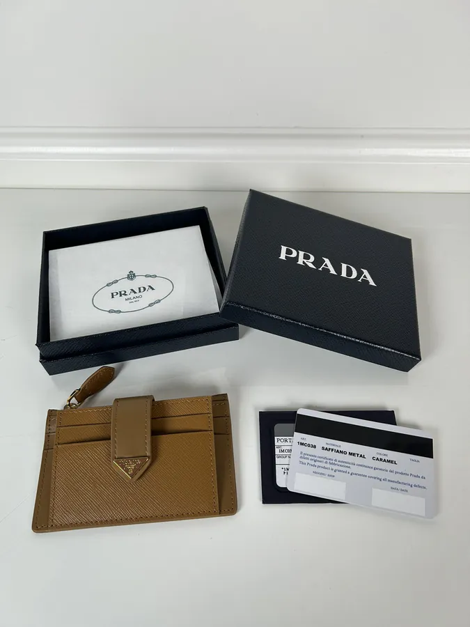 P House Latest Triangle Micro Logo Card Case, Saffiano Cross Grain Leather & Imported Calfskin, 7.5x12cm