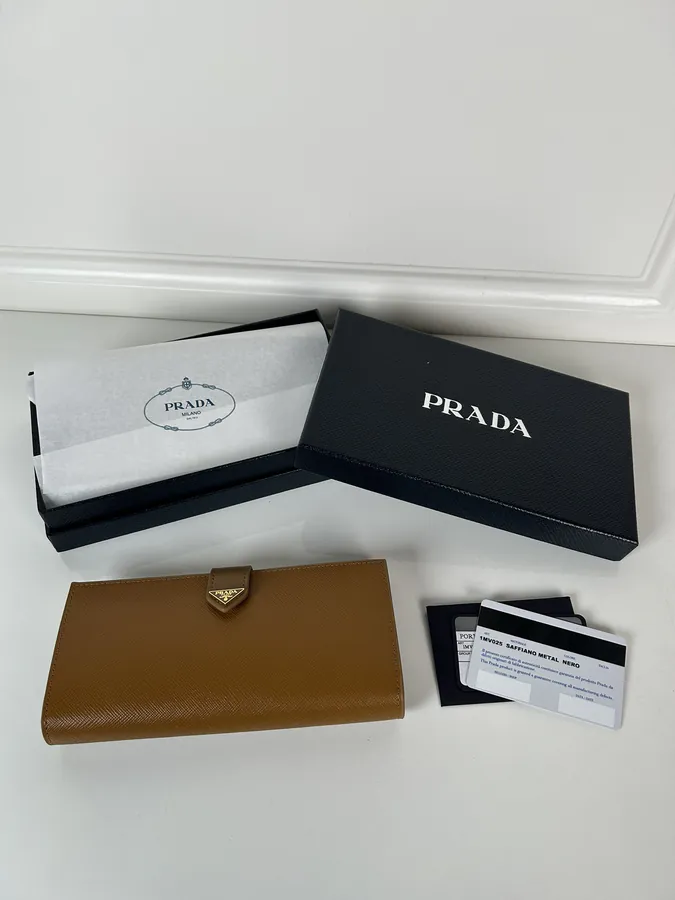 P House Latest Triangular Logo Wallet, Saffiano Crosshatch Leather & Imported Calfskin
