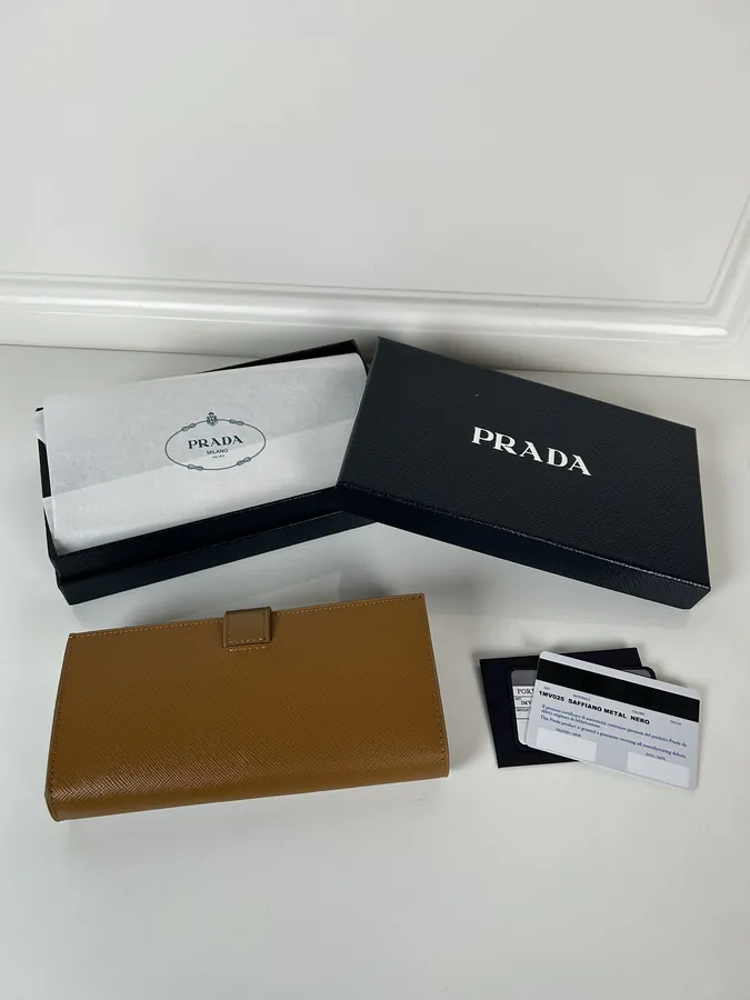 P House Latest Triangular Logo Wallet, Saffiano Crosshatch Leather & Imported Calfskin