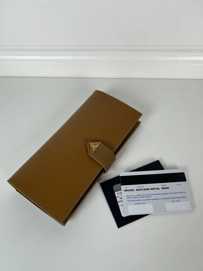 P House Latest Triangular Logo Wallet, Saffiano Crosshatch Leather & Imported Calfskin