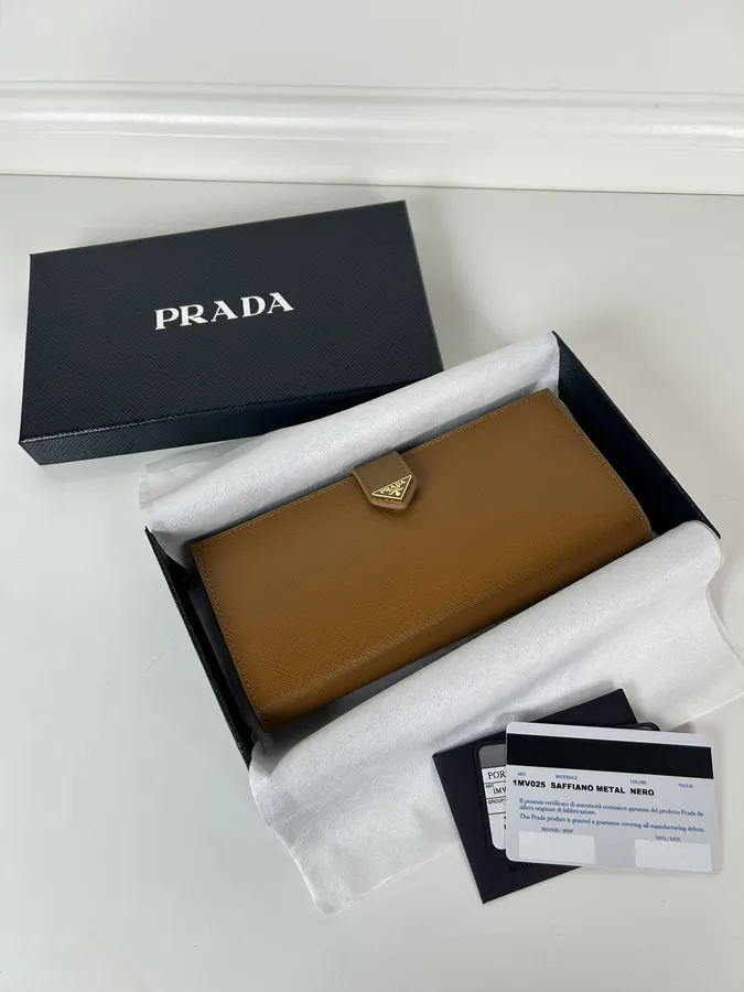 P House Latest Triangular Logo Wallet, Saffiano Crosshatch Leather & Imported Calfskin