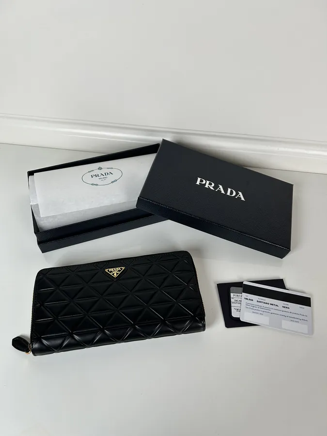 P Brand Wallet Black Grained Calfskin, Unisex, Premium Quality