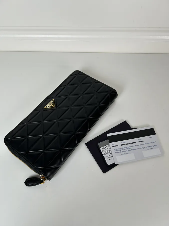 P Brand Wallet Black Grained Calfskin, Unisex, Premium Quality