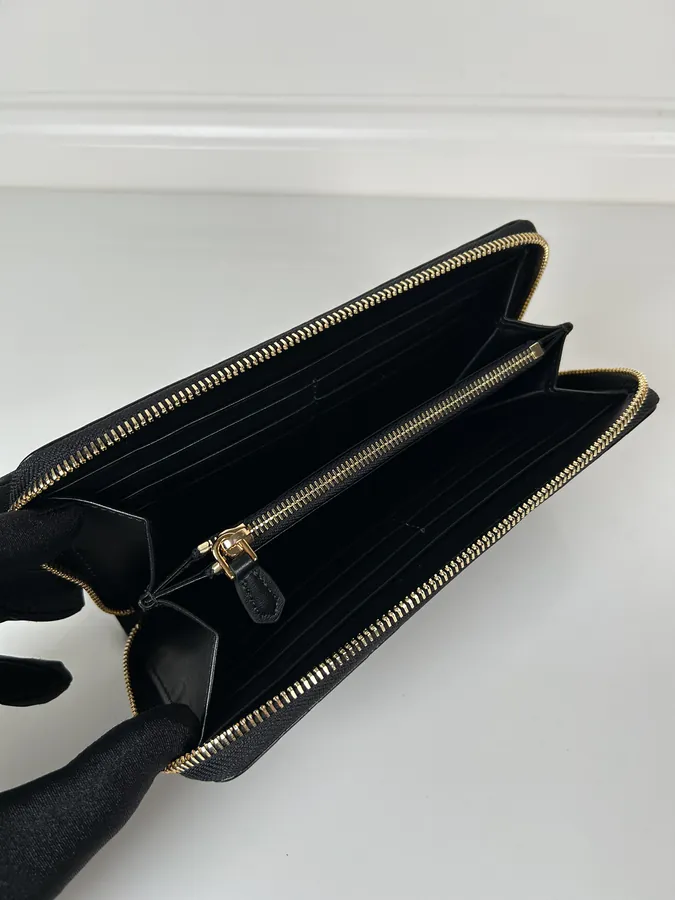 P Brand Wallet Black Grained Calfskin, Unisex, Premium Quality