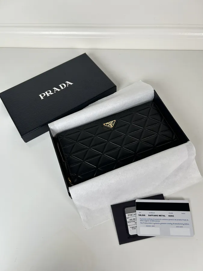 P Brand Wallet Black Grained Calfskin, Unisex, Premium Quality