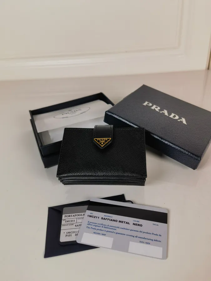 P House Latest Triangle Logo Card Case with Saffiano Crosshatch Leather and Premium Calfskin