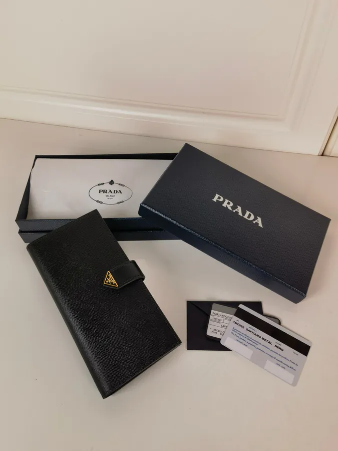 P Family New Triangular Logo Wallet, Saffiano Cross Grain Leather & Imported Calfskin
