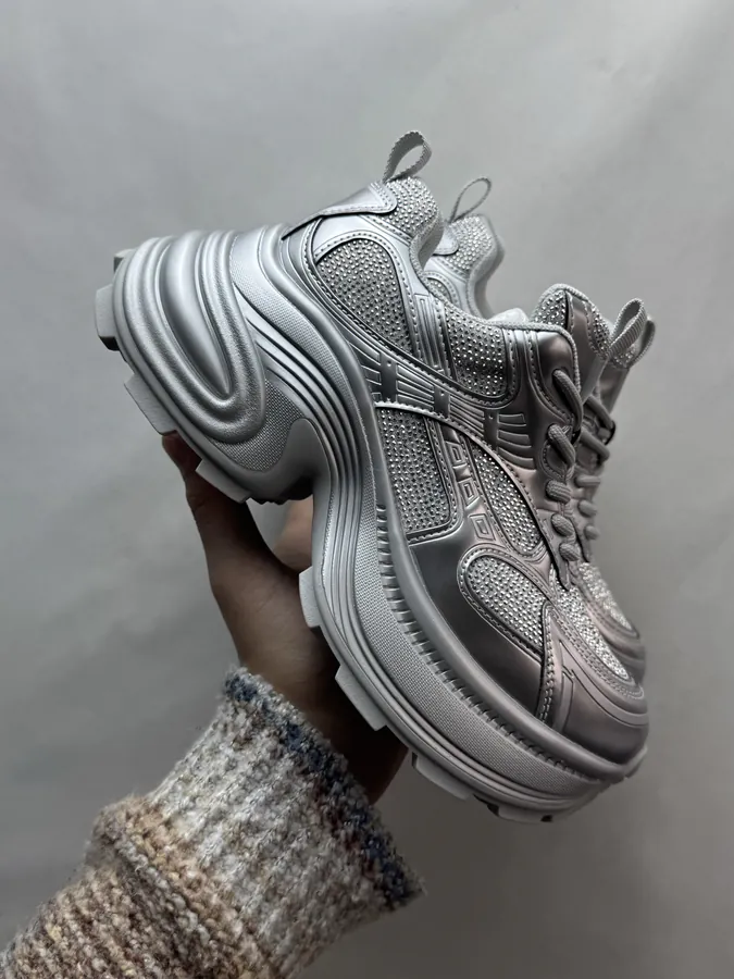 GG CC Dad Shoes in Silver and White