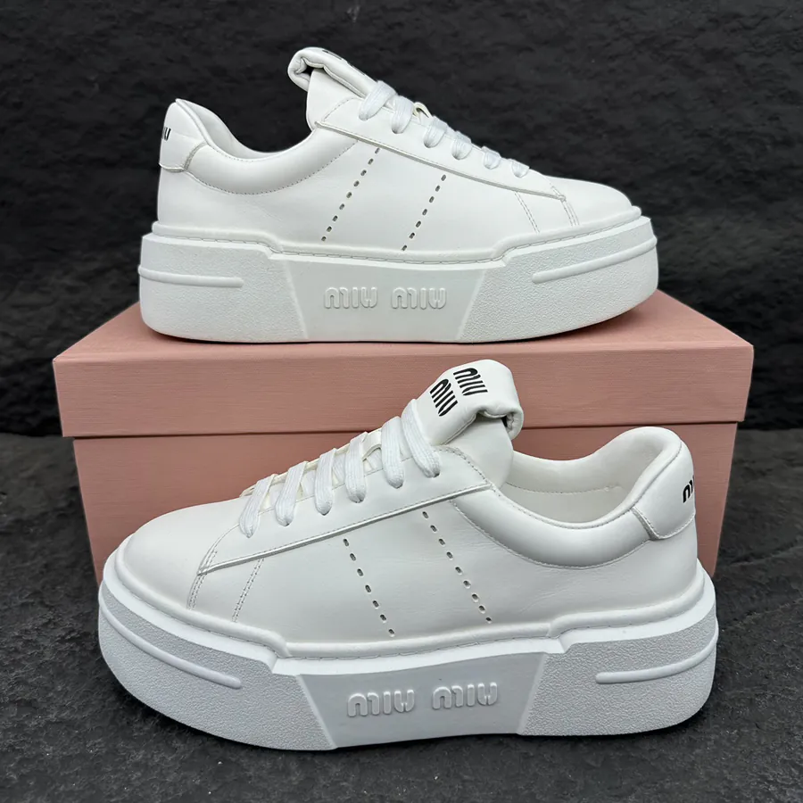 MiuMiu Women's Bleached Leather Sneakers with Thick Sole