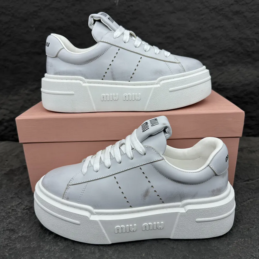 MiuMiu Ladies' Bleached Leather Sneakers with Thick Sole