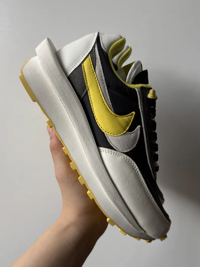 Sacai x Nike LDWaffle Sneaker in Black and Bright Citron