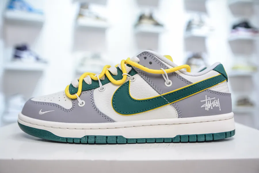 SB Dunk Low x Collaboration White, Gray, Green, Yellow Straps