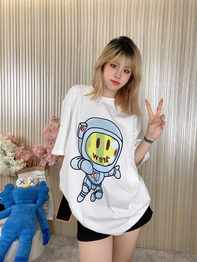 Drew House Cute Cartoon Astronaut Print Round Neck T Shirt