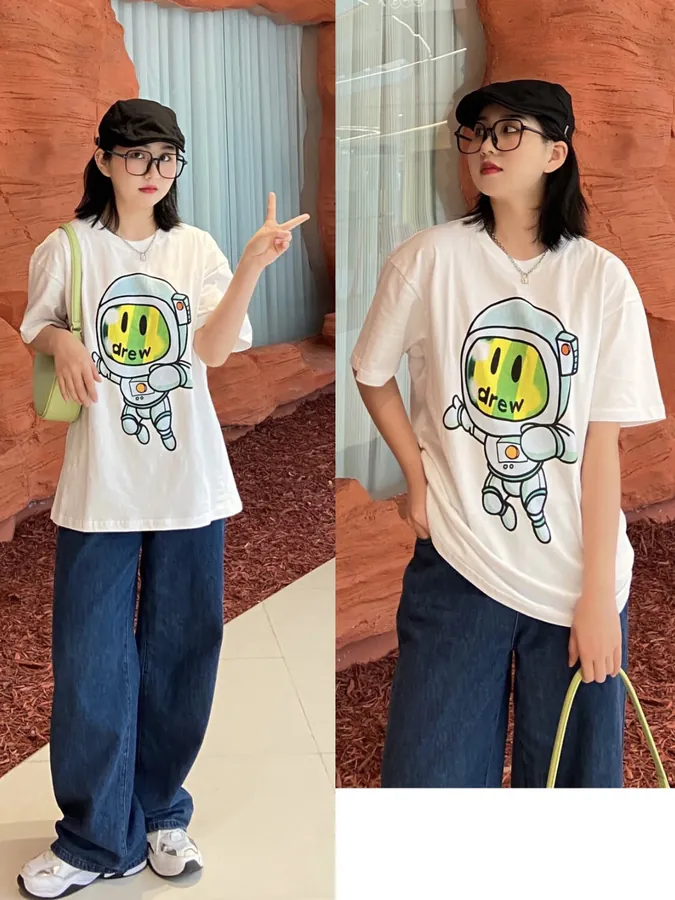 Drew House Cute Cartoon Astronaut Print Round Neck T Shirt