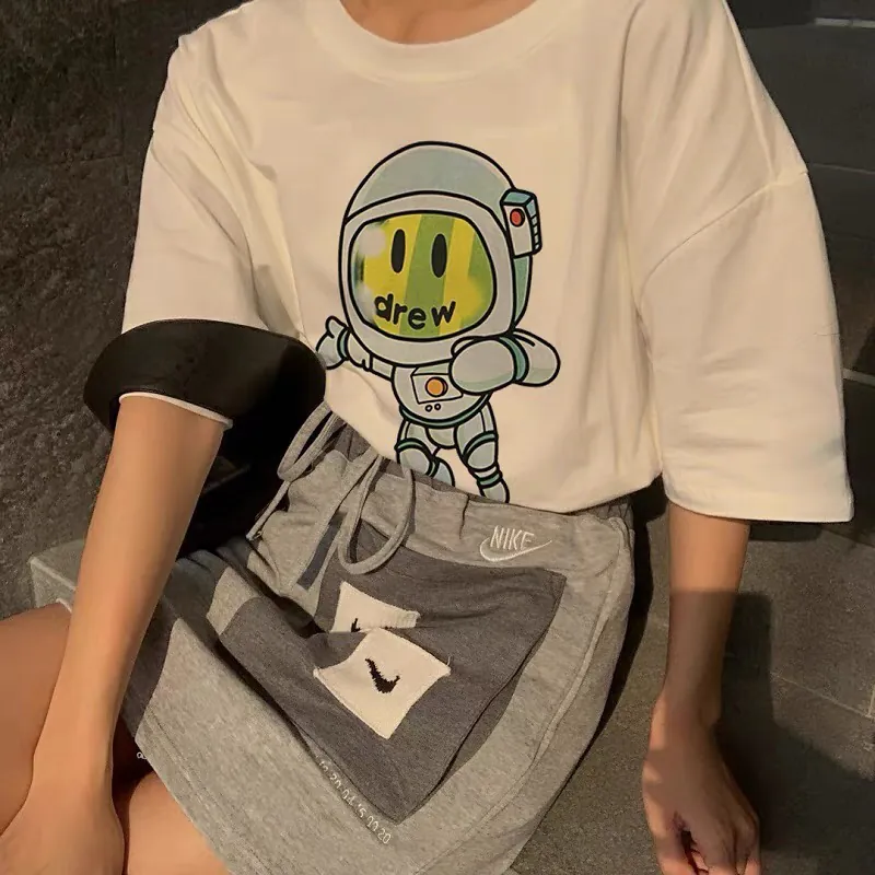 Drew House Cute Cartoon Astronaut Print Round Neck T Shirt