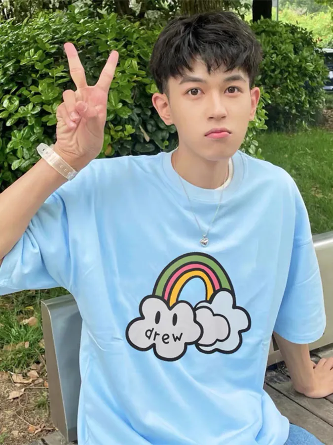 Drew House Smile Rainbow Color Cute Print Unisex Short Sleeve T Shirt