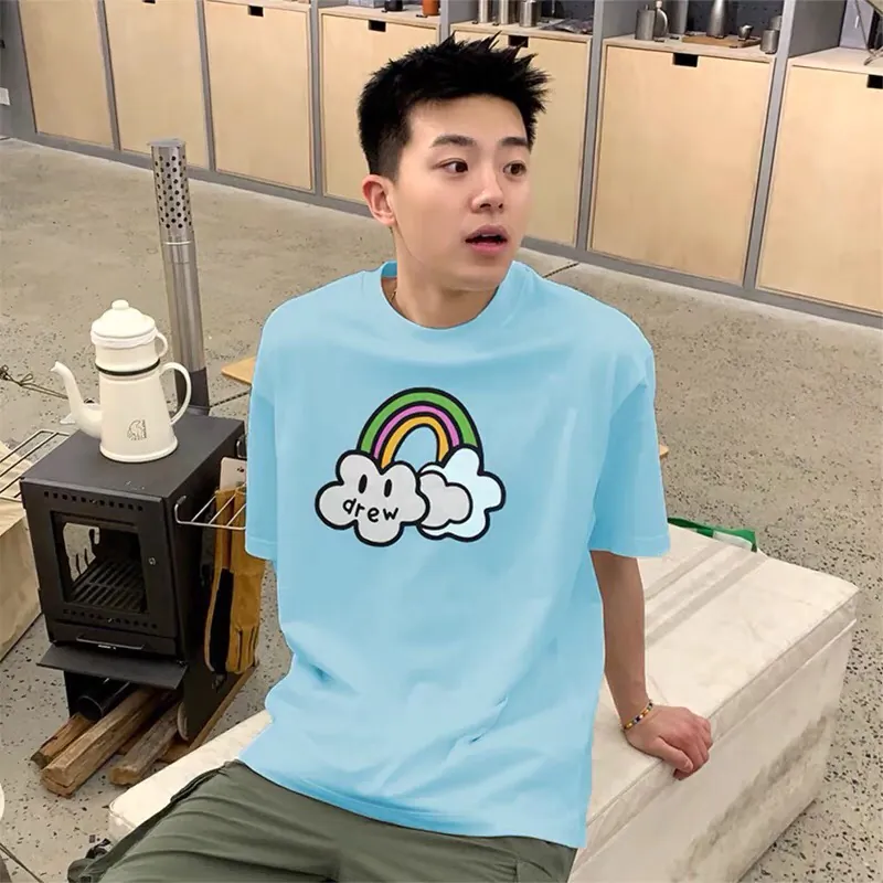 Drew House Smile Rainbow Color Cute Print Unisex Short Sleeve T Shirt