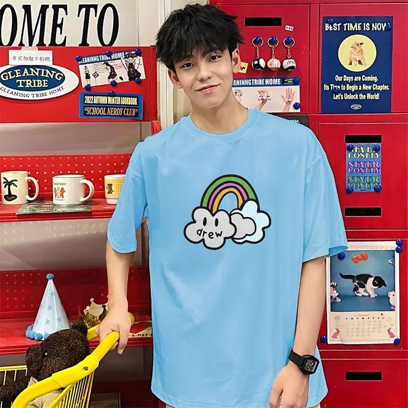 Drew House Smile Rainbow Color Cute Print Unisex Short Sleeve T Shirt