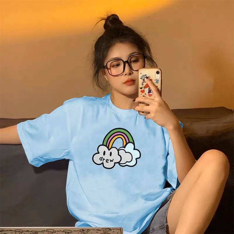 Drew House Smile Rainbow Color Cute Print Unisex Short Sleeve T Shirt