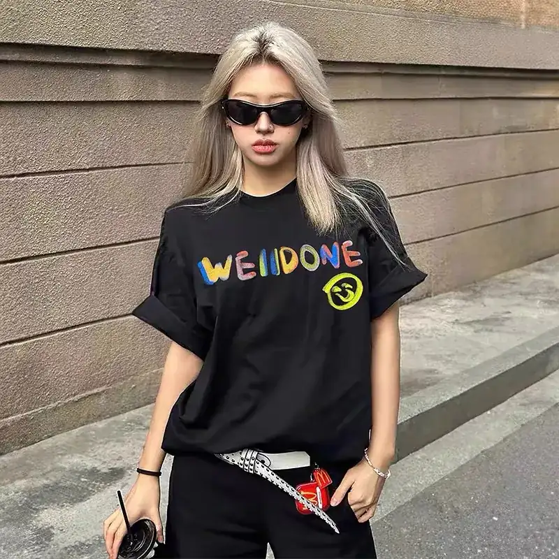 WE11DONE Summer Colorful Letter Smile Print Casual T Shirt for Men and Women