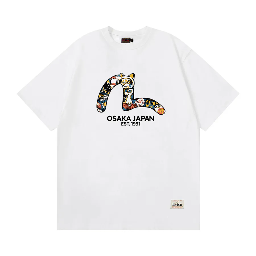 EVISU New Lucky Cat Small Seagull Print Loose Fit T Shirt
