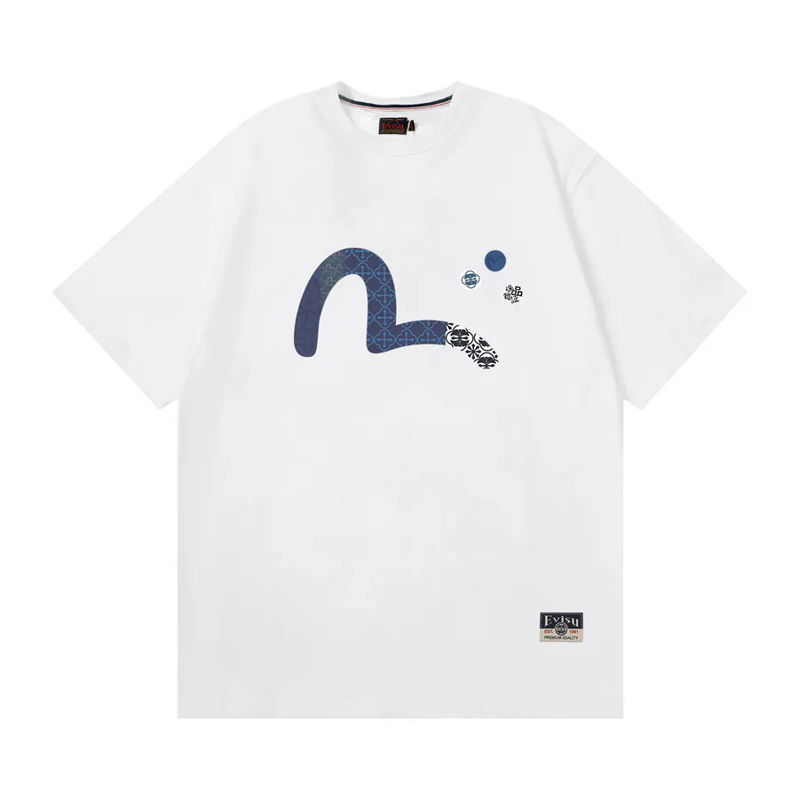 EVISU New Crocodile Print Loose T Shirt with Embroidered Trim for Couples