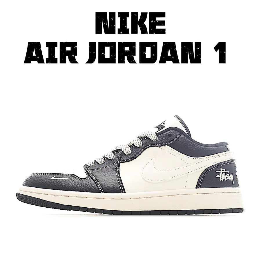 Air 1 Low 1 by CX White and Black Grained Calfskin Retro Basketball Shoes