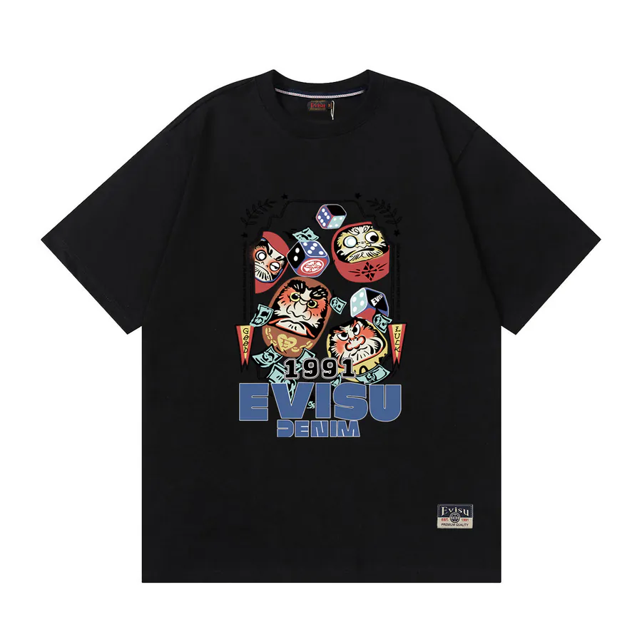 EVISU New Flower Zashiki Dharma Print Loose Short Sleeve Casual Couple T Shirt
