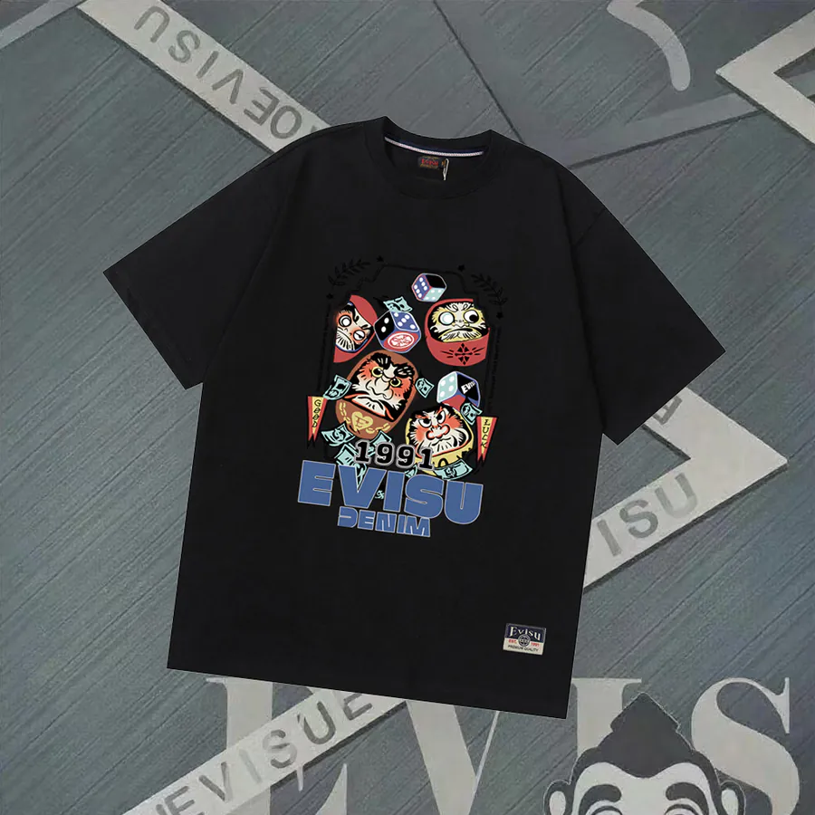 EVISU New Flower Zashiki Dharma Print Loose Short Sleeve Casual Couple T Shirt