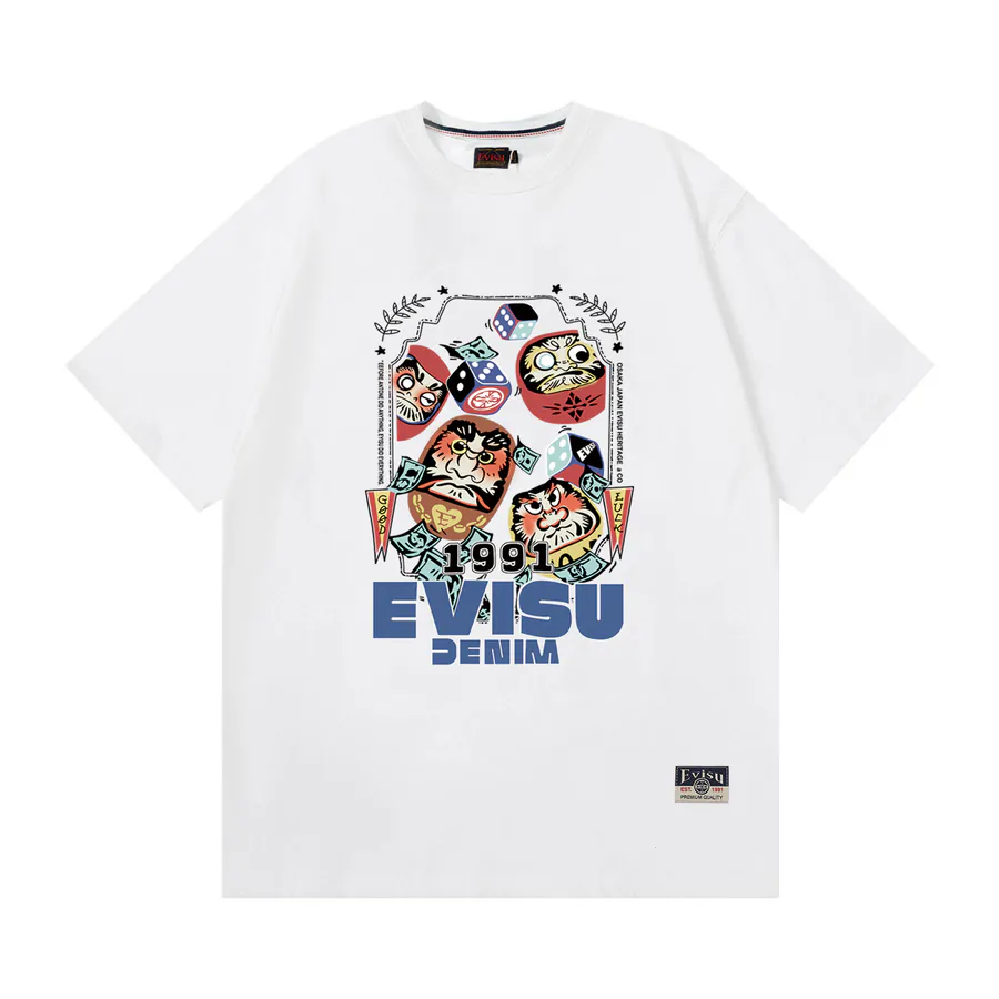 EVISU New Flower Zashiki Dharma Print Loose Short Sleeve Casual Couple T Shirt