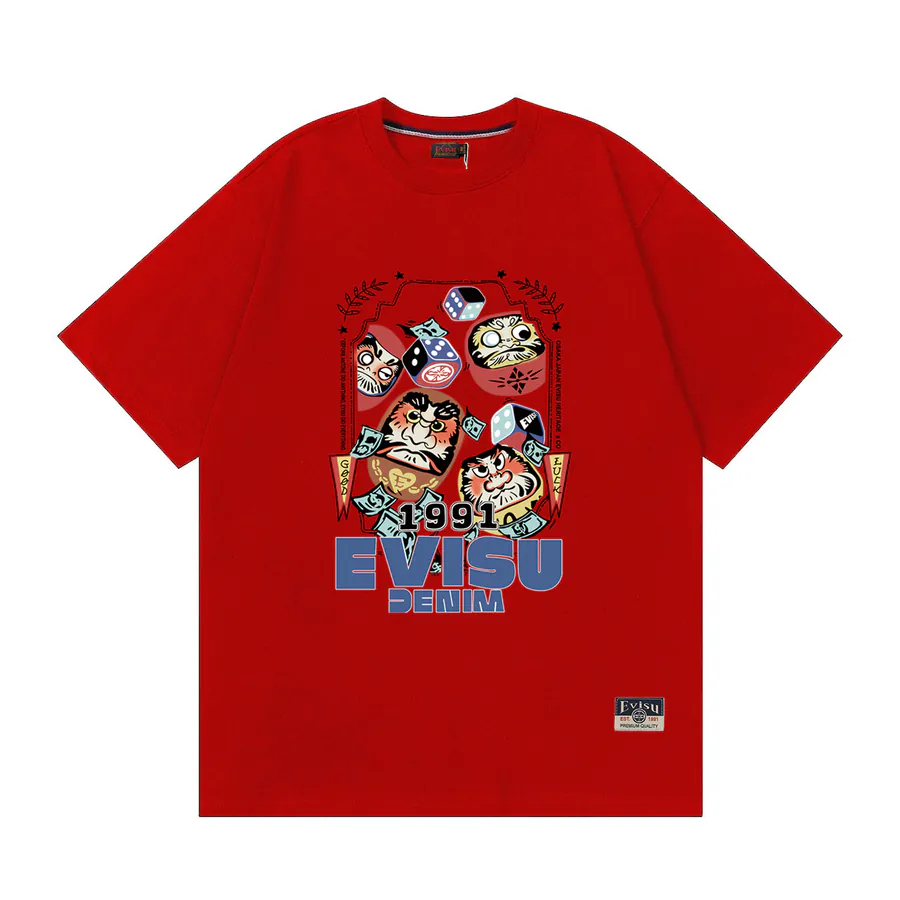 EVISU New Flower Zashiki Dharma Print Loose Short Sleeve Casual Shirt for Couples